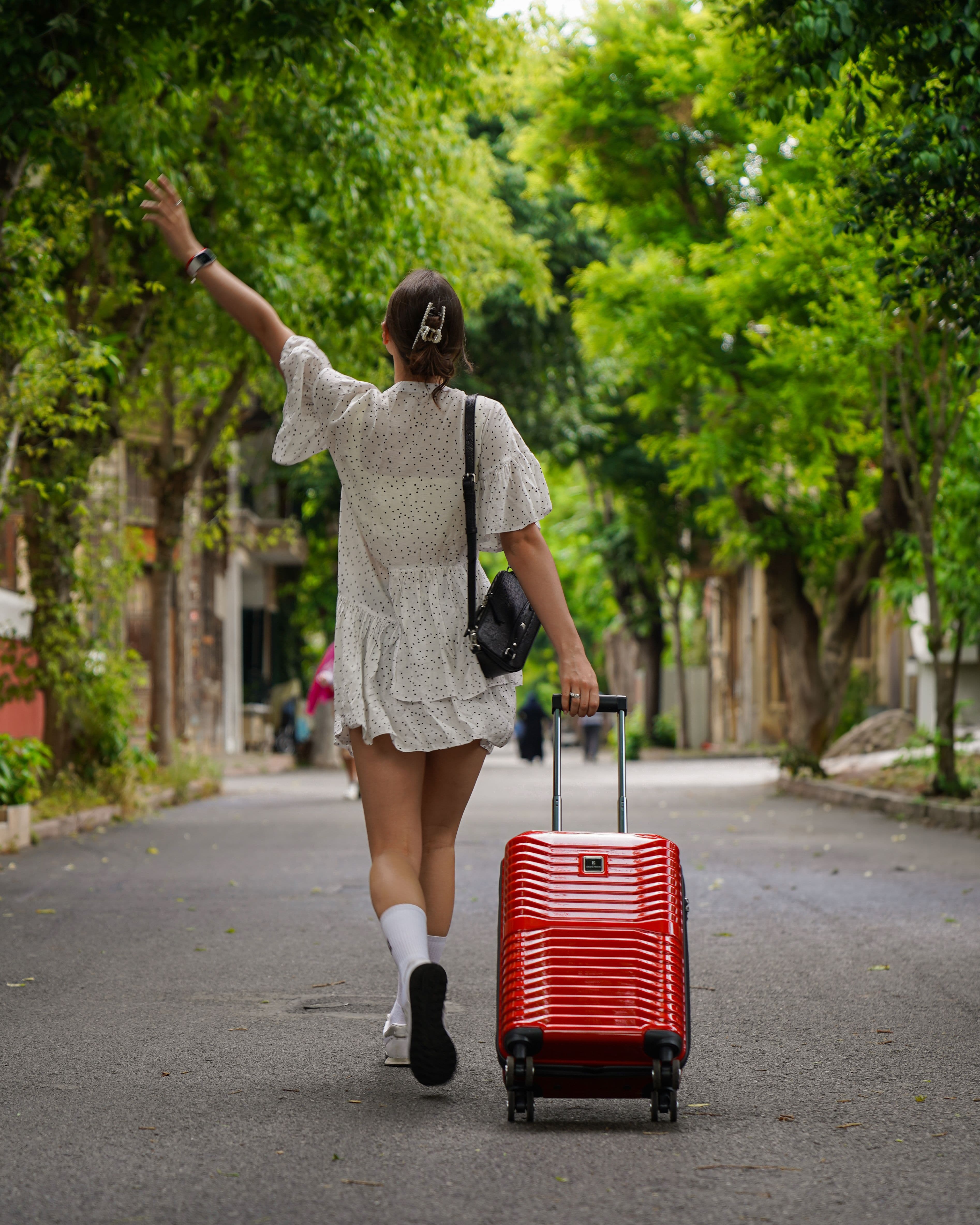 Student arriving with luggage in furnished apartment